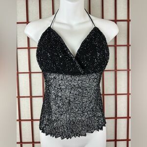 Vinatge Y2K Passport Black Fairycore Backless Rave Sequin Beaded Halter Top